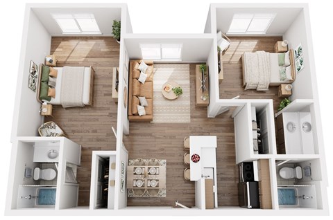 A top-down view of a modern apartment layout with a living room, kitchen, and bedrooms.